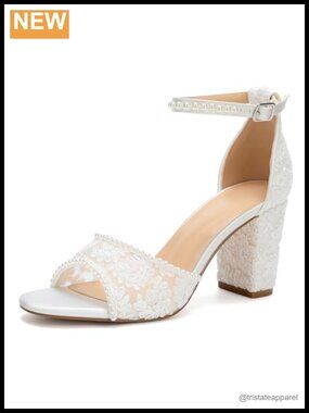 Pearl Lace Block Heel Wedding Sandals Open Toe Ankle Strap Bridal Heels